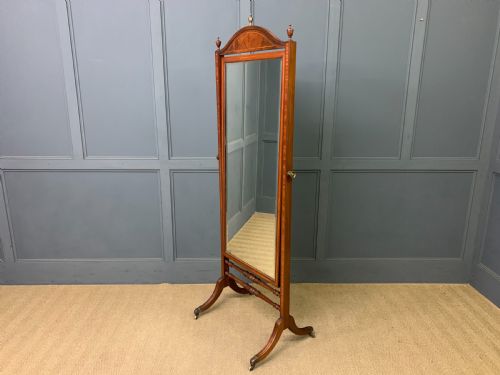 INLAID MAHOGANY SHERATON REVIVAL CHEVAL MIRROR