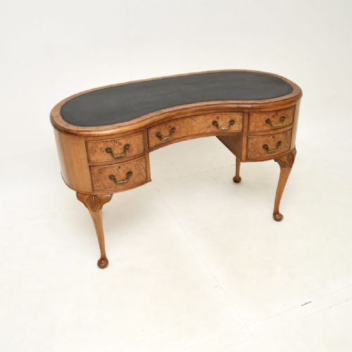 ANTIQUE BURR WALNUT LEATHER TOP KIDNEY SHAPED DESK