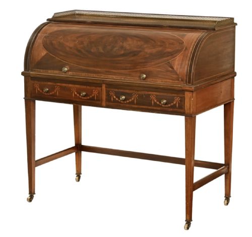 EDWARDIAN INLAID MAHOGANY CYLINDER DESK