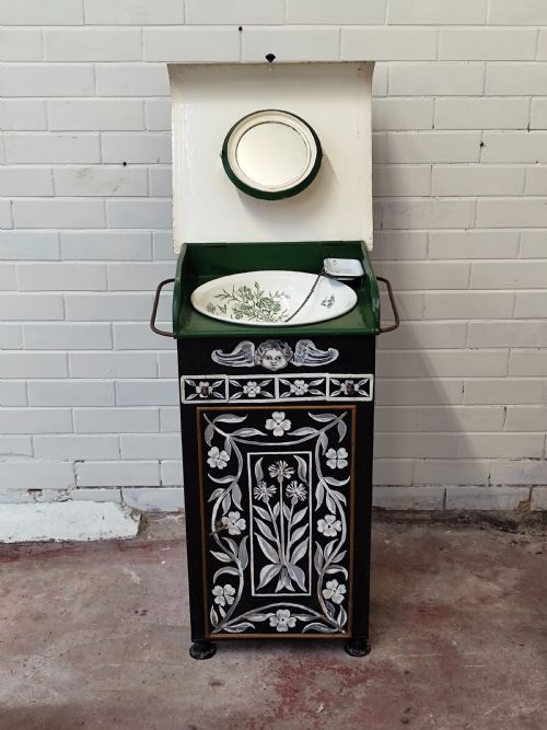 ANTIQUE BELLE EPOQUE ERA FRENCH HAND PAINTED TOLEWARE VANITY STAND