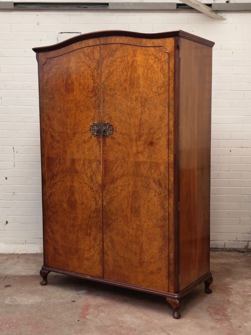 ANTIQUE BURR WALNUT DOUBLE WARDROBE ARMOIRE COMPACTUM