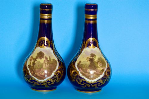 PAIR OF DERBY PORCELAIN BOTTLE VASES COVERS C1830