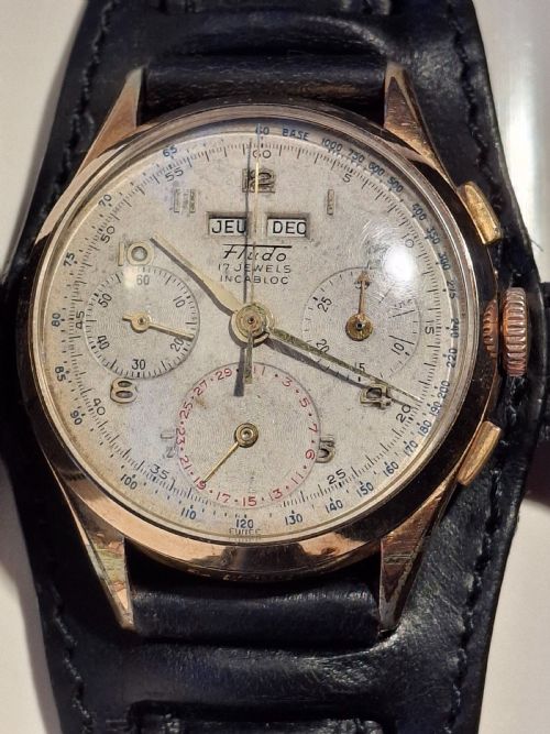 RARE FLUDO CHRONOGRAPH WATCH GOLD PLATED TRIPLE CALENDAR SWISS MOVEMENT LANDERON 80 CIRCA 1950