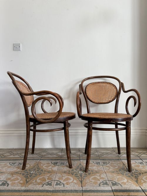 PAIR 1920S THONET NO11 CANE SEAT ARMCHAIR BY ZPM RODOMSKO ORIGINAL MAKER LABEL