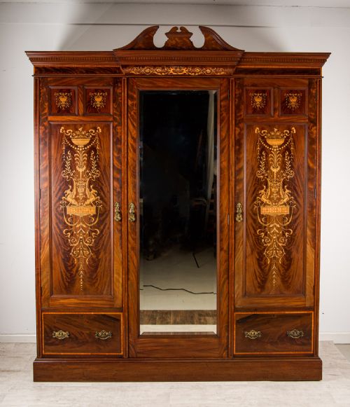 MAGNIFICENT ANTIQUE MAHOGANY MARQUETRY INLAID WARDROBE LATE 19TH CENTURY