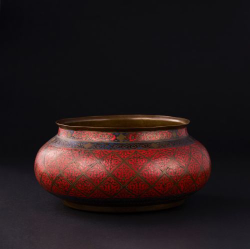 A RARE SAFAVID ENAMELLED BRASS BOWL PERSIA 16TH 17TH CENTURY