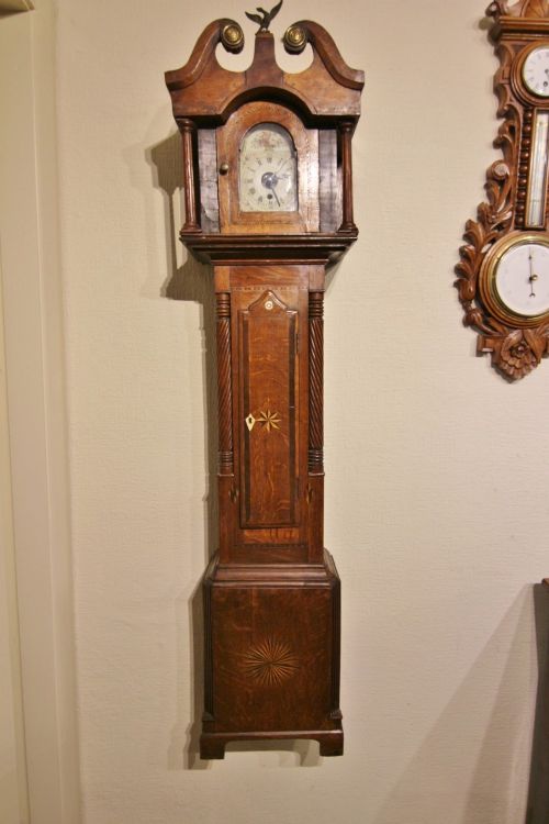 LATE GEORGIAN MINIATURE OAK LONGCASE CLOCK WITH STARBURST INLAY
