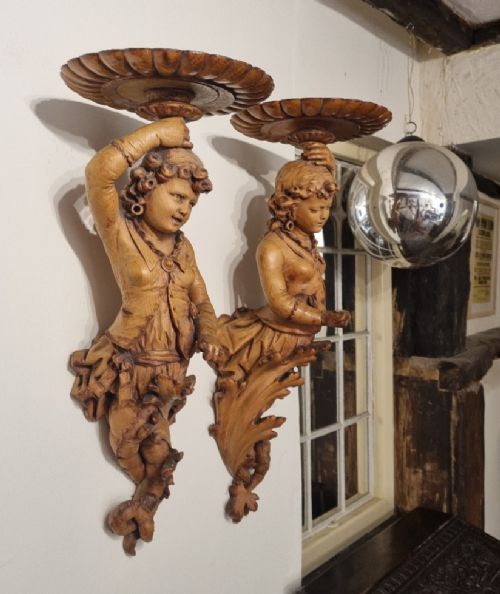 FINELY CARVED PAIR OF LIME WOOD OCCASIONAL TABLES WALL MOUNTED WITH TWINTAILED MERMAID SUPPORTS