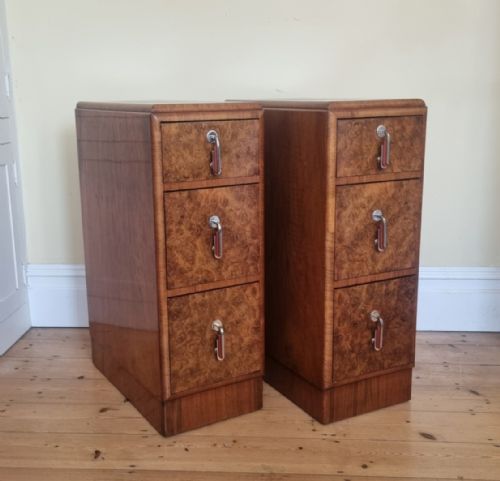 PAIR OF BURR WALNUT ART DECO BEDSIDE CABINETS