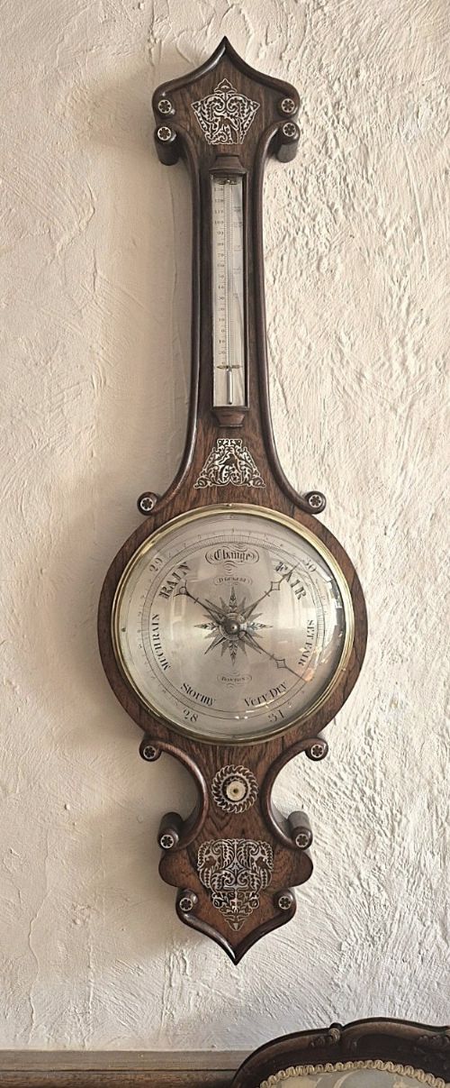ANTIQUE WHEEL OR BANJO BAROMETER ROSEWOOD INLAID WITH MOTHER OF PEARL