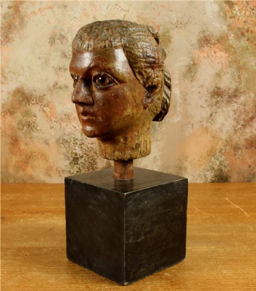 ANTIQUE CARVED WOOD HEAD 18TH CENTURY ITALIAN POLYCHROME STATUE CARVING