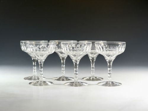 ANTIQUE GLASS CHAMPAGNE GLASSES SIX ENGLISH C1900