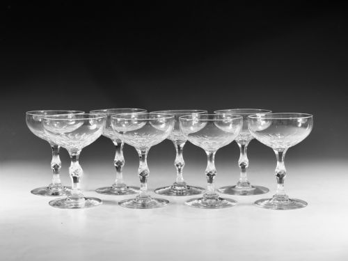 ANTIQUE GLASS CHAMPAGNE GLASSES EIGHT ENGLISH C1880