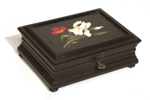 A 19TH CENTURY ITALIAN PIETRA DURA MOUNTED EBONISED WOOD BOX