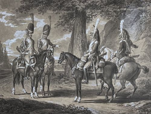 VINCENZ GEORG KININGER 17671851 INK ON PAPER DRAWING OF FOUR FRENCH CAVALRYMEN C1810
