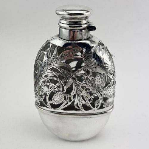 FLORAL PATTERN OVAL STERLING SILVER HIP FLASK