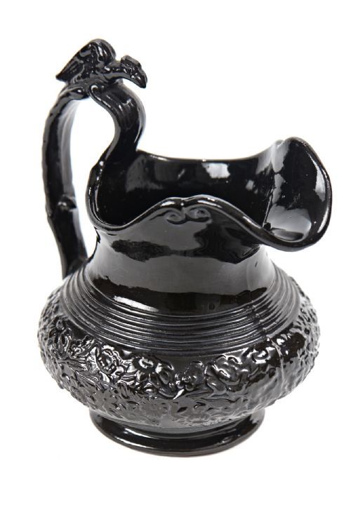 UNUSUAL ANTIQUE BLACK BASALT POTTERY MILK JUG