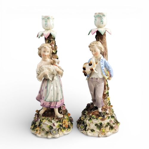 LARGE PAIR OF GERMAN SITZENDORF PORCELAIN FIGURAL CANDLESTICKS C1890