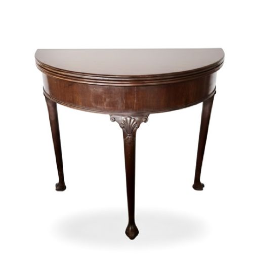 SMALL GEORGE III MAHOGANY DEMI LUNE CARD TABLE