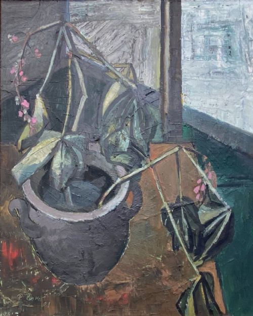 HORST CHESTNUT LEAVES UNFURLING 1961 ABSTRACTED LIGHTLY CUBIST STILL LIFE OIL ON CANVAS