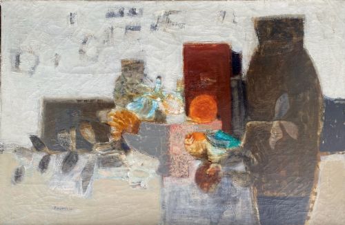 POTTERY FLOWERS AND FRUIT CA 1961 LARGE ABSTRACTED SILL LIFE FRENCH OIL ON CANVAS