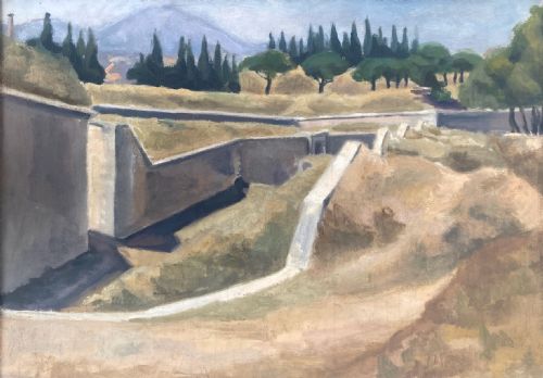 ABSTRACTED LANDSCAPE CA 1935 PROVENCE ROMAN RUINS FRENCH MODERNIST WOMAN ART OIL ON CANVAS