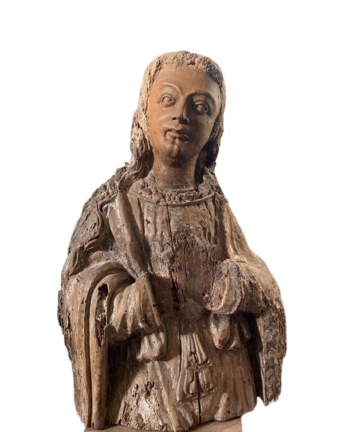 16TH CENTURY FRENCH RENAISSANCE WOOD SCULPTURE FRAGMENT OF A SAINT OR ANGEL