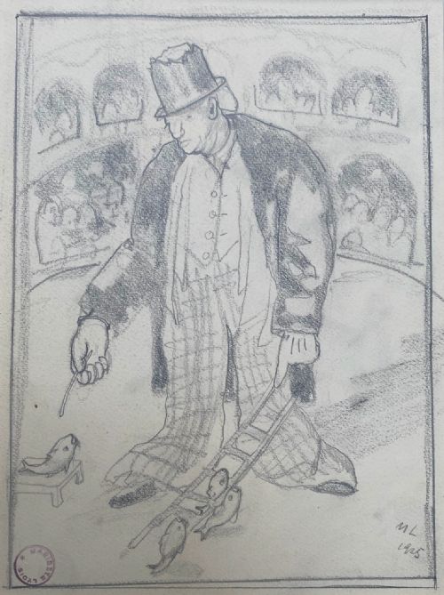 THE TAMER OF FISH 1925 A SILENT CIRCUS SURREALIST ORIGINAL GRAPHITE DRAWING ON PAPER WOMAN ARTIST