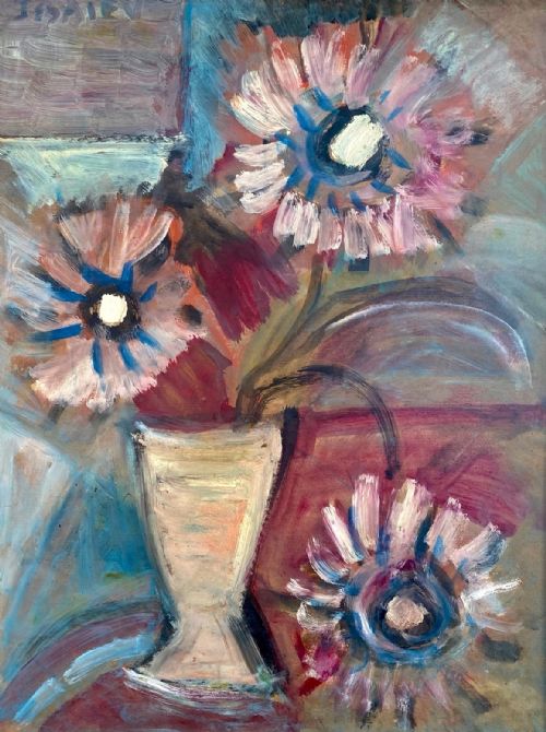 CUBIST FLOWERS CA 1950 ABSTRACTED FLORAL FAUVE STILL LIFE BY FRANCO RUSSIAN UKRAINIAN NICOLAS ISSAIEV OIL ON BOARD