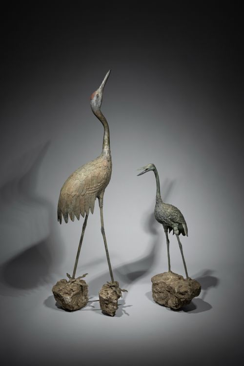 LARGE PAIR OF JAPANESE BRONZE GARDEN OKIMONO CRANES