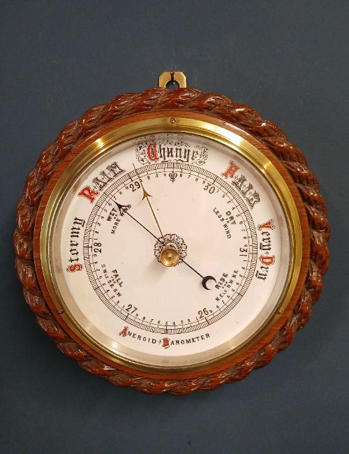 VICTORIAN OAK ROPE TWIST SHIP'S BAROMETER