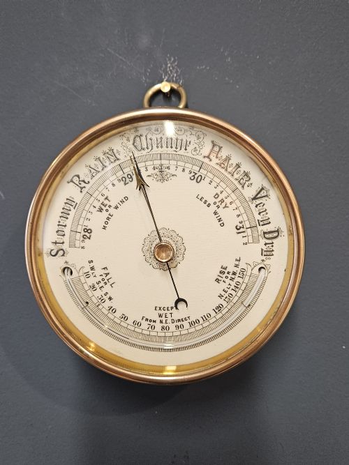 VICTORIAN BRASS CASED MARINE BAROMETER WITH PORCELAIN DIAL AND CRESCENT THERMOMETER