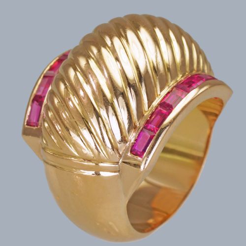 SUPERB 18CT GOLD RUBY BOMB RING 1940S WIDE RETRO COCKTAIL RING