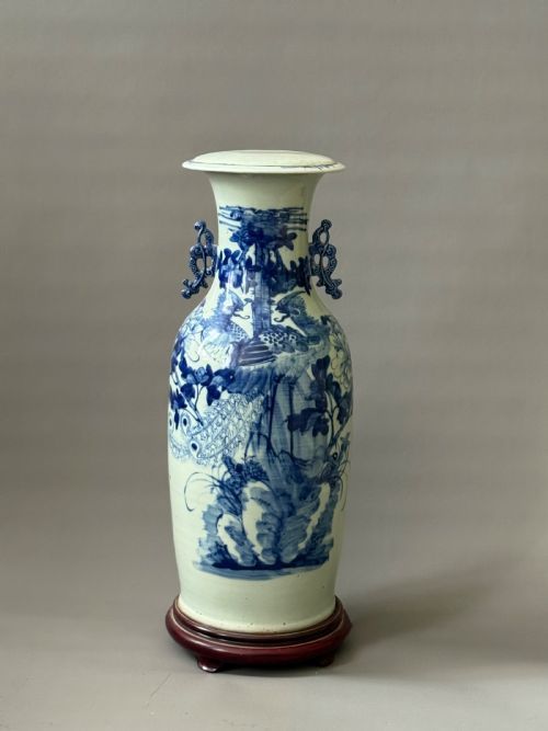 MONUMENTAL LATE 19TH CENTURY CHINESE CELADON AND BLUE DECORATED VASE LAMP