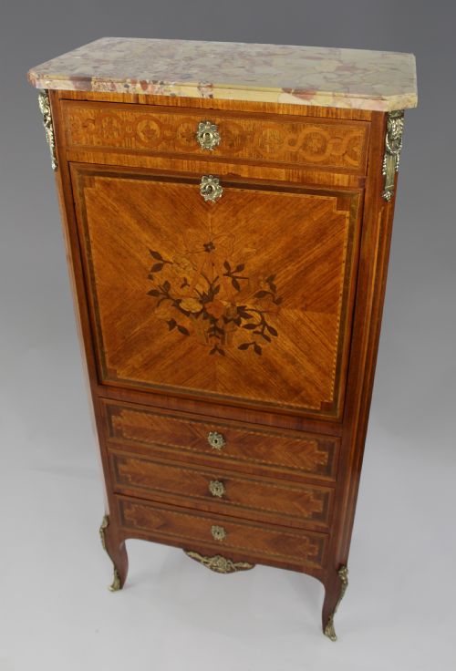 19TH CENTURY FRENCH LOUIS XV STYLE MARQUETRY ESCRITOIRE WITH ORIGINAL MARBLE TOP