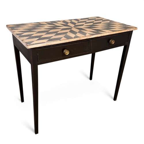 LATE GEORGIAN SIDE TABLE WITH TWO DRAWERS AND HANDPAINTED GEOMETRIC TOP C1820