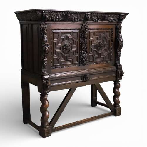 19TH CENTURY FLEMISH CARVED OAK CABINET ON STAND WITH LION MASKS C18501880