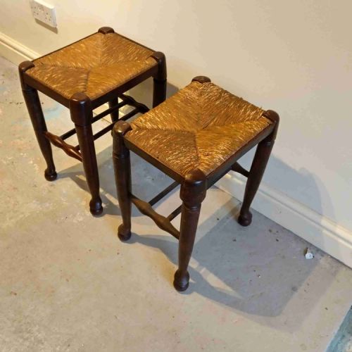 TWO COUNTRY OAK STOOLS WITH RUSH SEATS